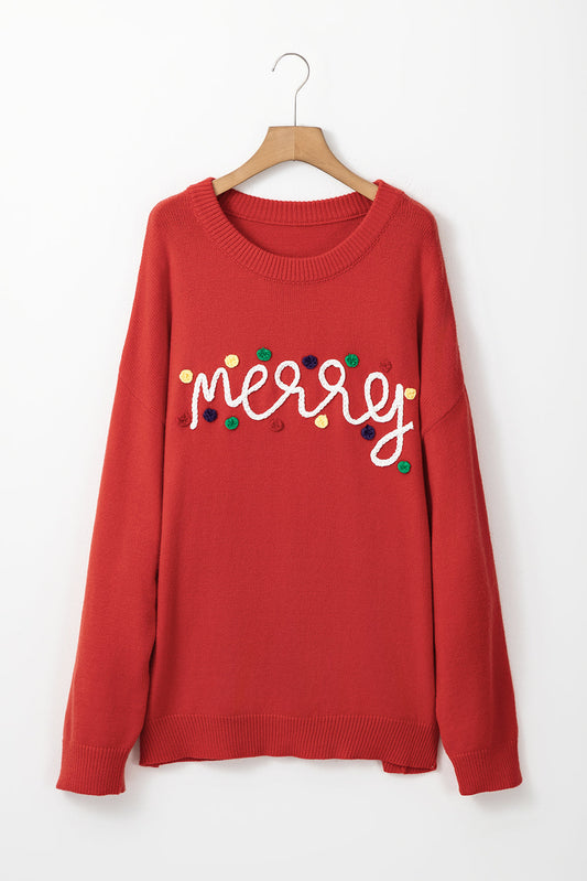 Plus Size Christmas Merry Embroidered Dotted Sweater