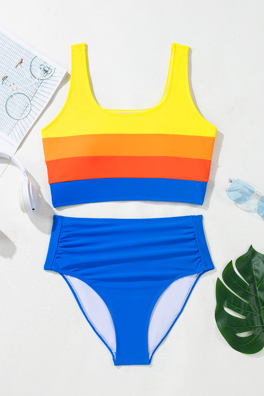 Colorblock Square Neck Top & High Waisted Bikini