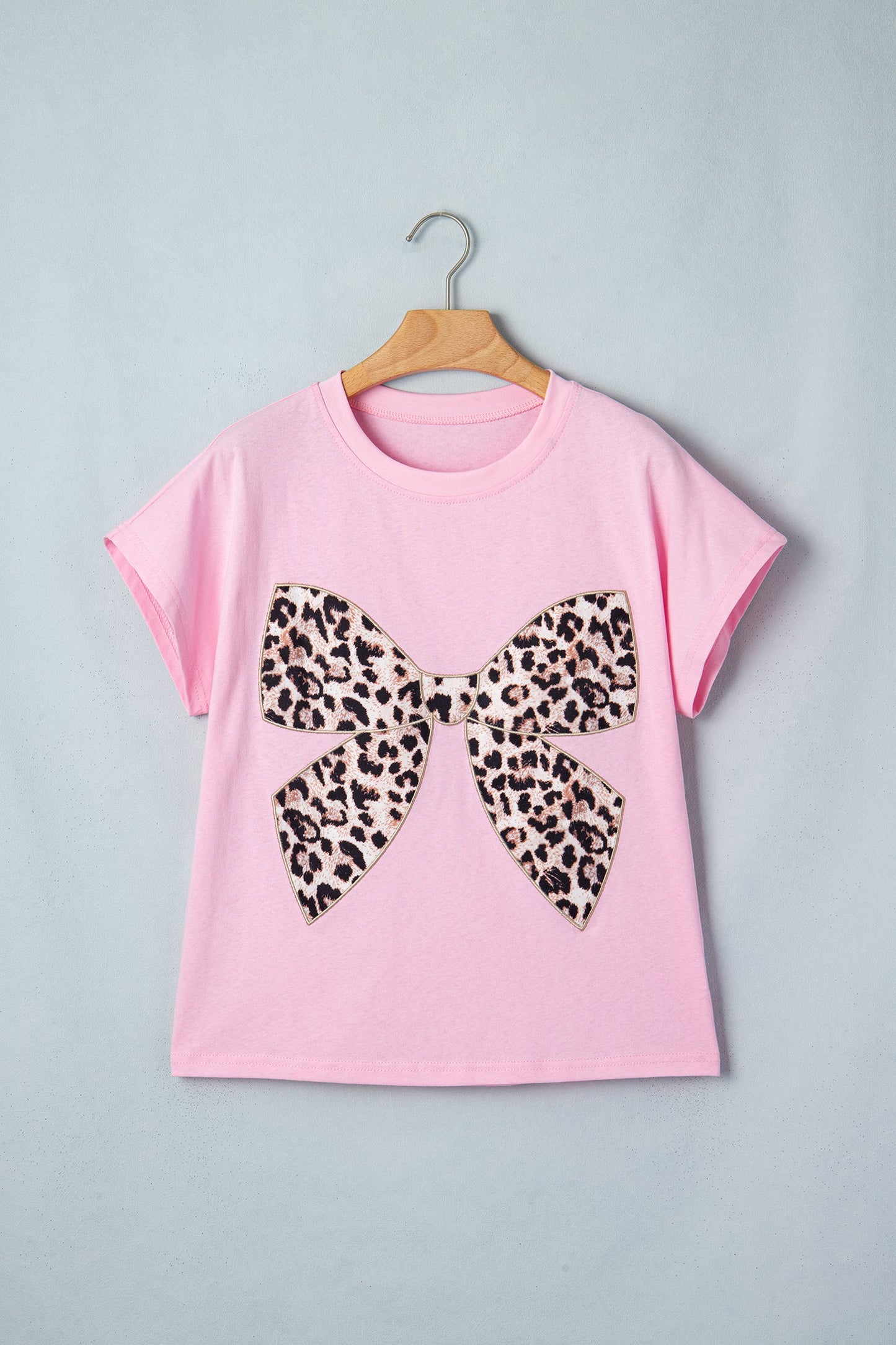 Leopard Bow Embroidered Short Sleeve T-Shirt