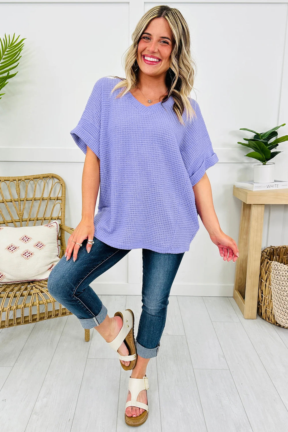 Solid Waffle Knit V-Neck Short Sleeve Top