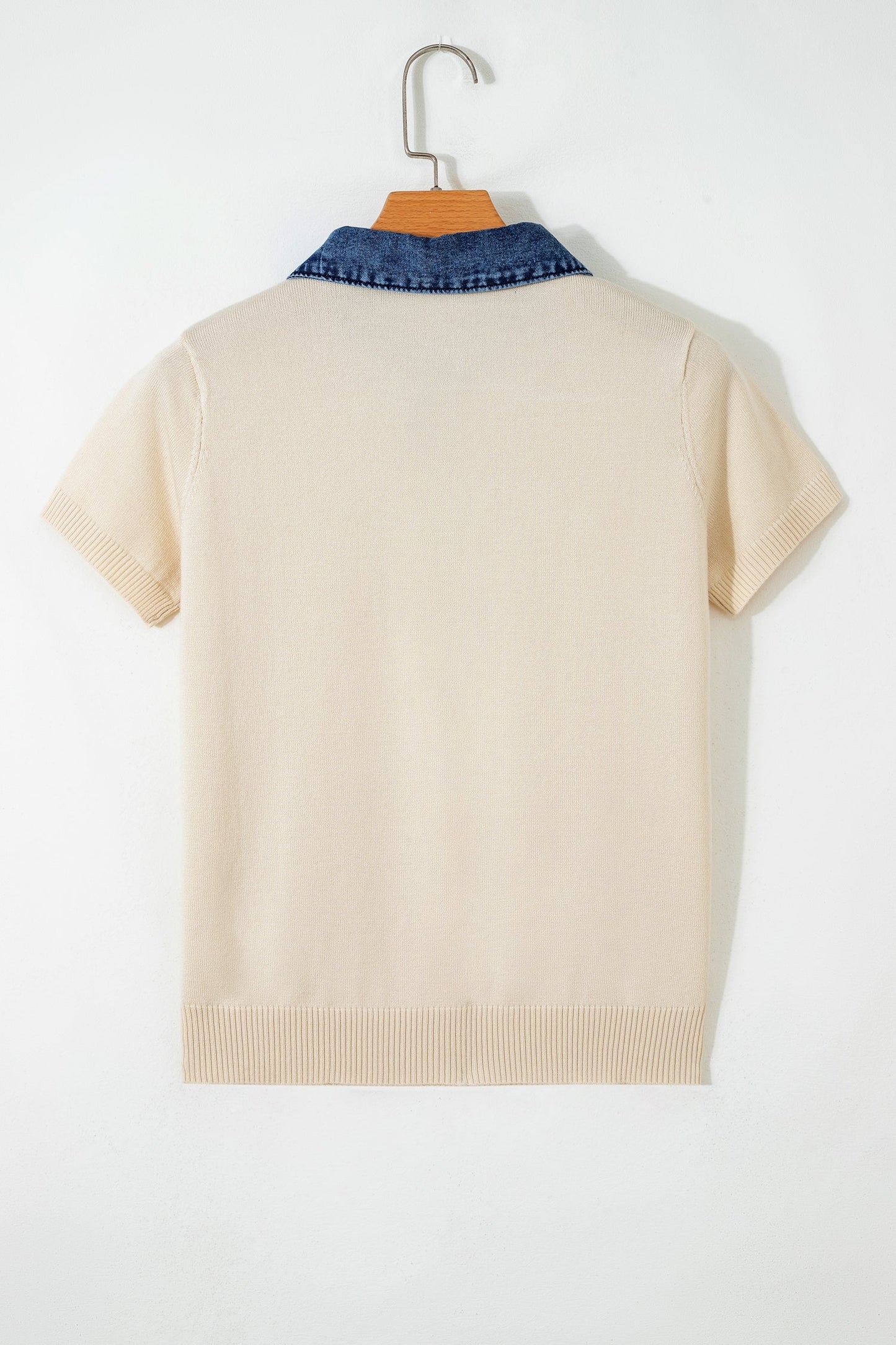 Short Sleeve Knit Denim Patchwork Polo Collar Sweater