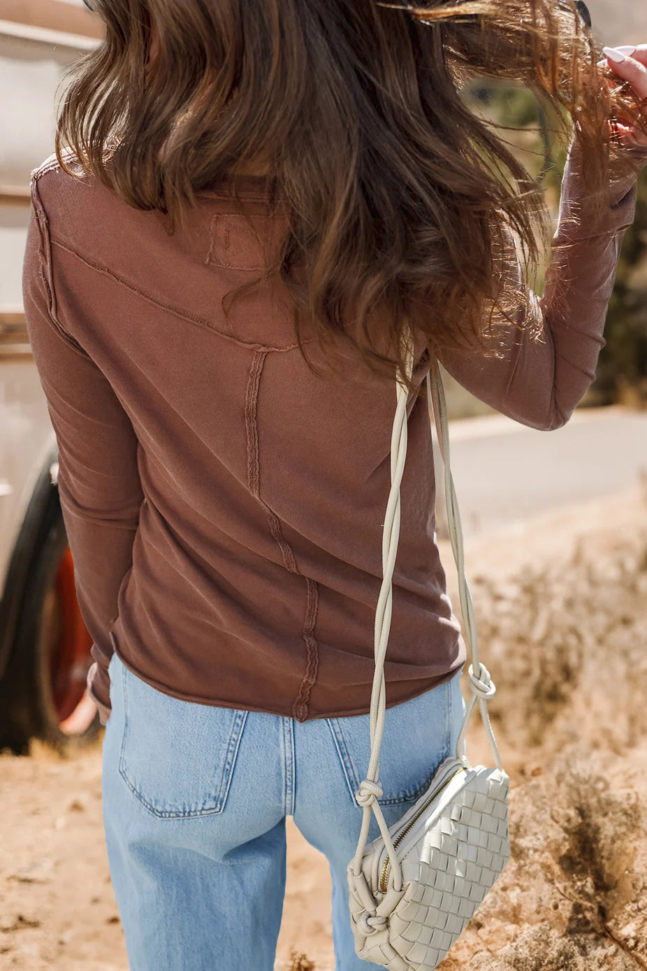 Western Mineral Wash Raw Seam Detail Long Sleeve Top