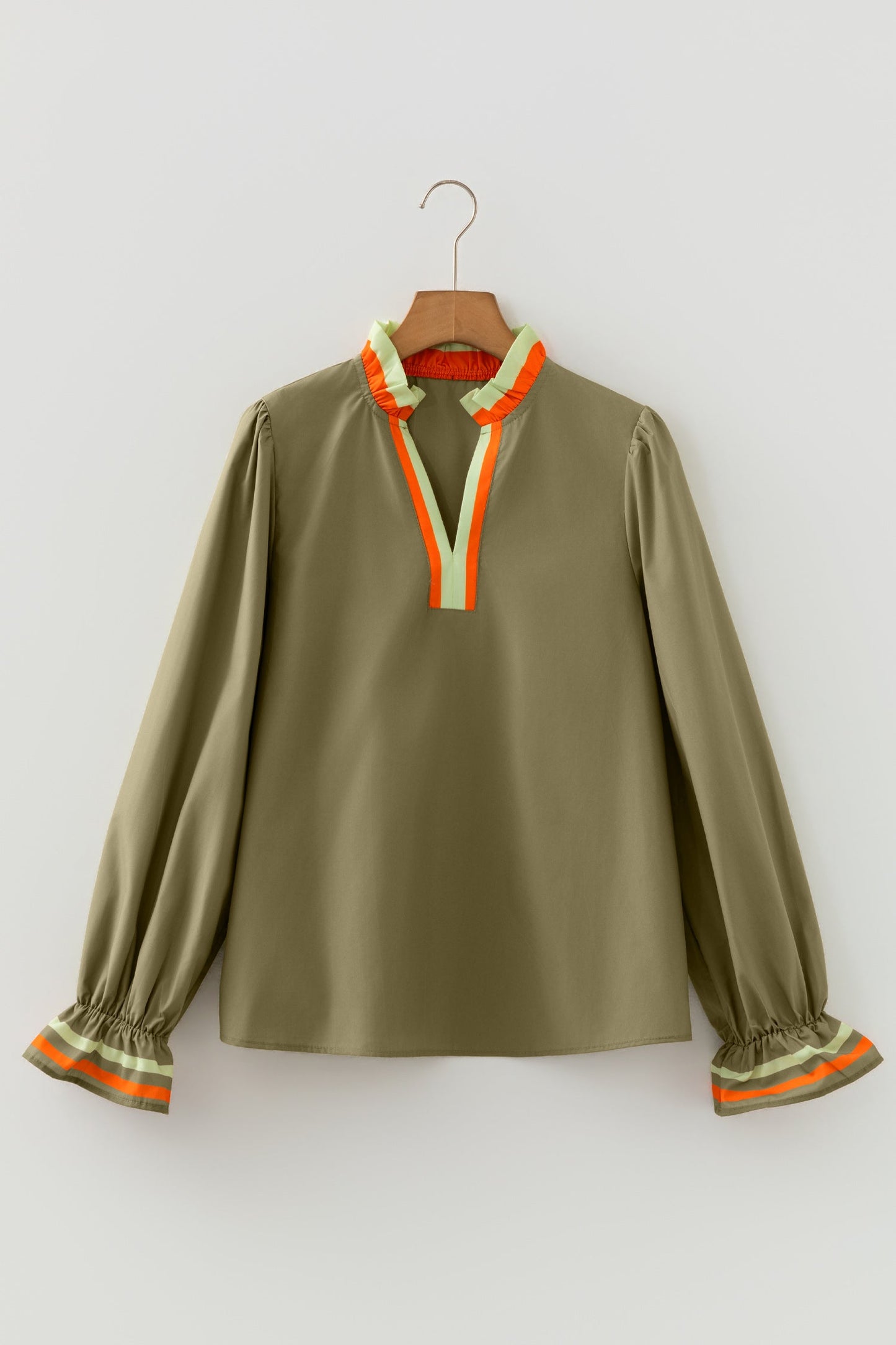 Stripe Trim Ruffle Split Neck Long Sleeve Blouse