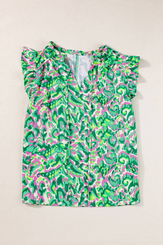 Abstract Ruffle Trim Tied Neck Tank Top