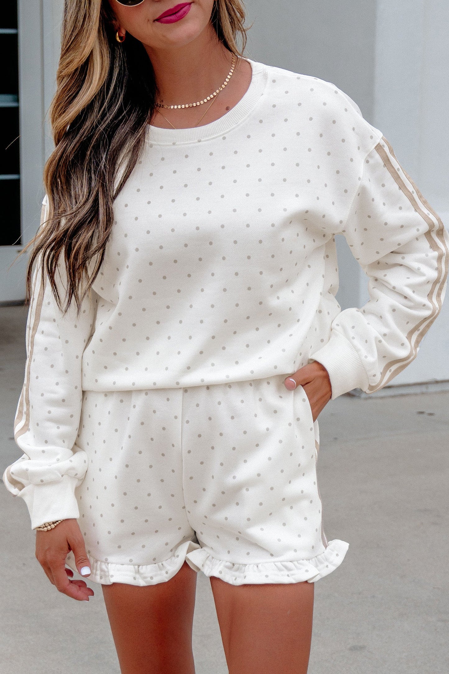 Polka Dot Side Stripe Detail Sweatshirt & Shorts Set