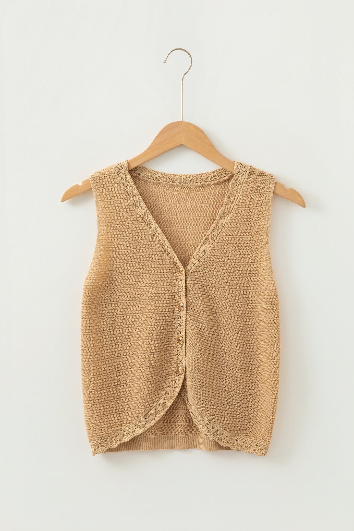 Boho Solid Eyelet Trim Buttoned Sweater Vest