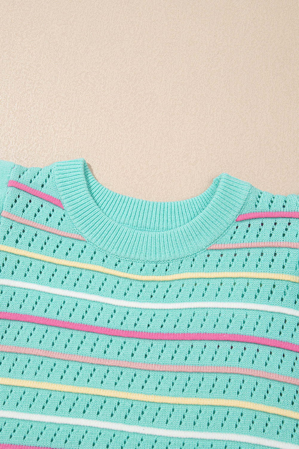 Colorful Stripe Eyelet Knit Ruffle Sleeve Sweater
