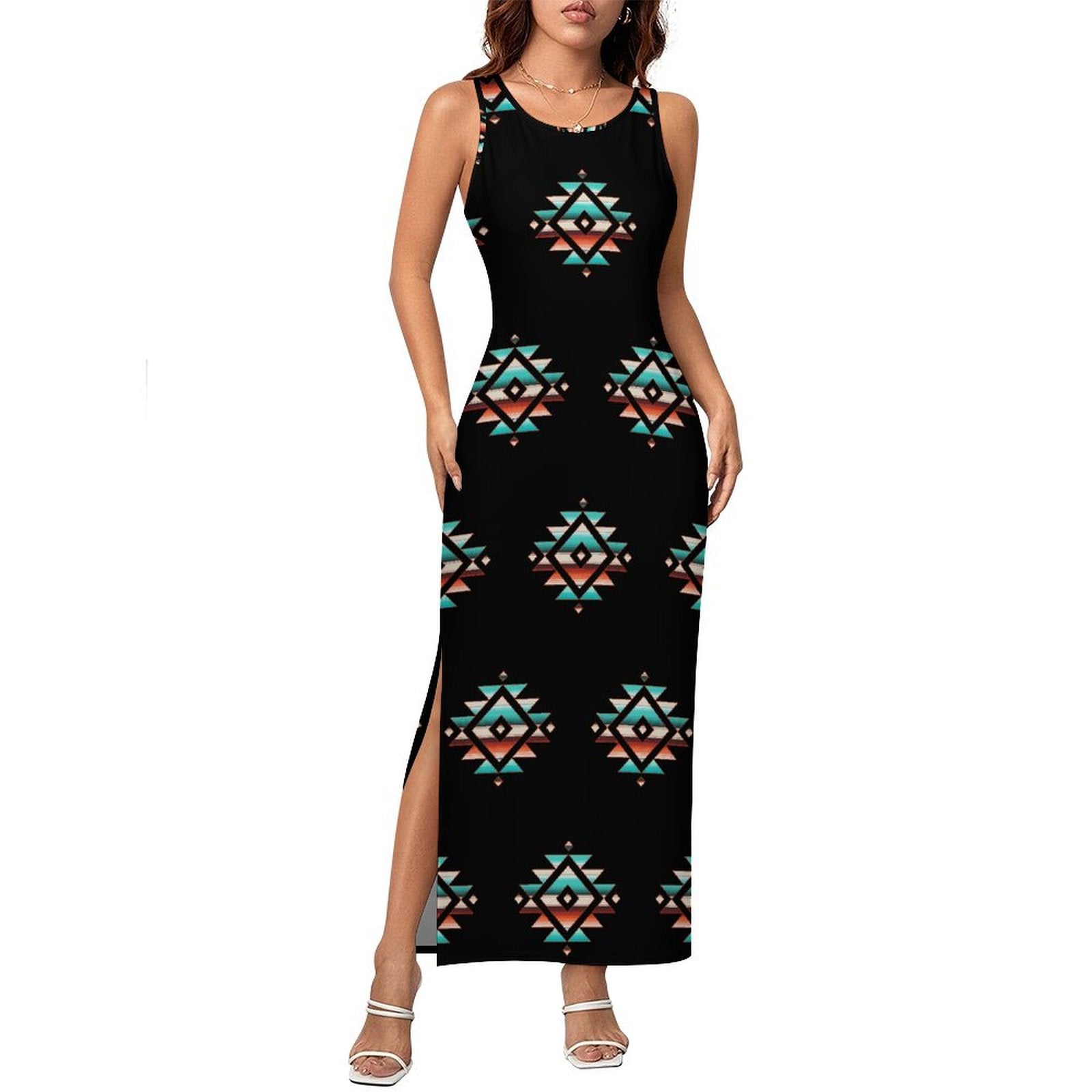 Southwestern Aztec Sleeveless Bodycon Side Slit Western Maxi Dress Multi / 2XL