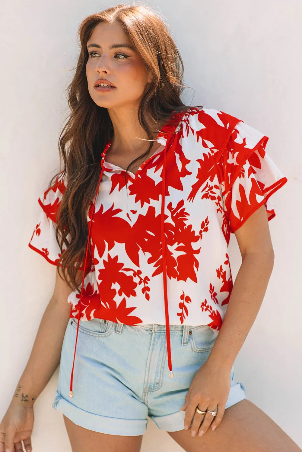 Plant Tiered Ruffle Sleeve V-Neck Blouse