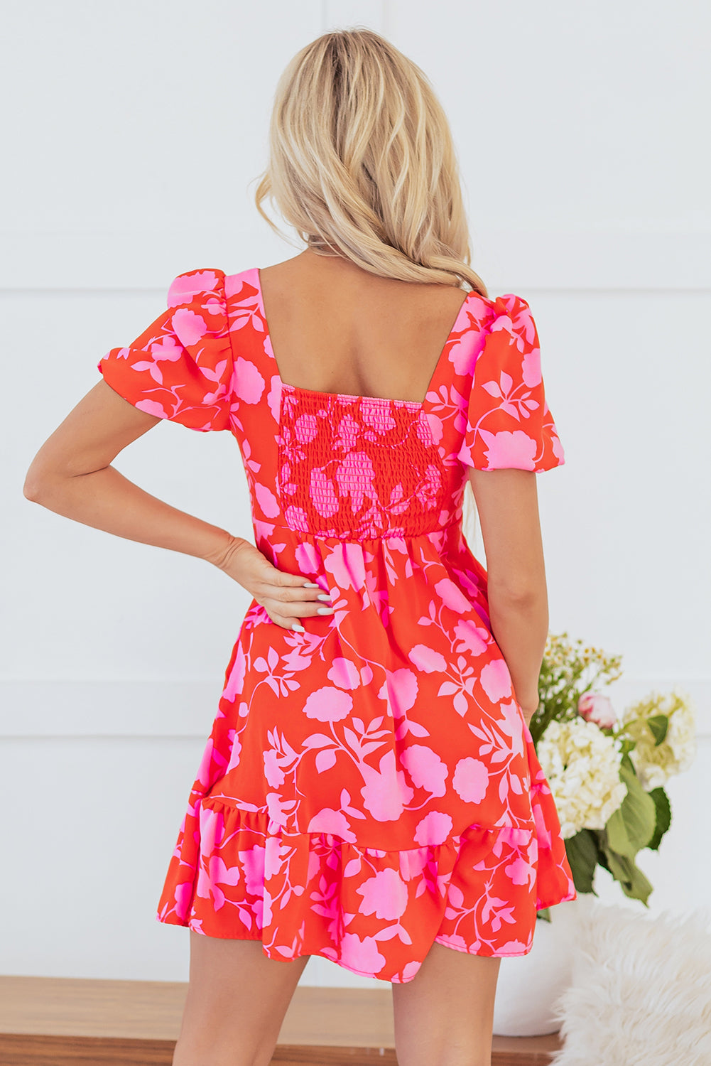 Floral Bubble Sleeve Sweetheart Neck Ruffle Mini Dress