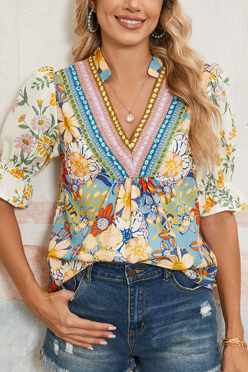 Floral Boho Crochet V-Neck Half Sleeve Blouse