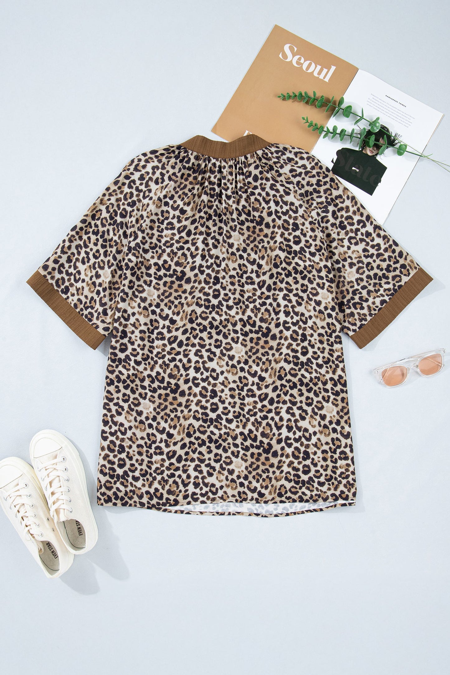 Plus Size Leopard Crinkled V-Neck Blouse