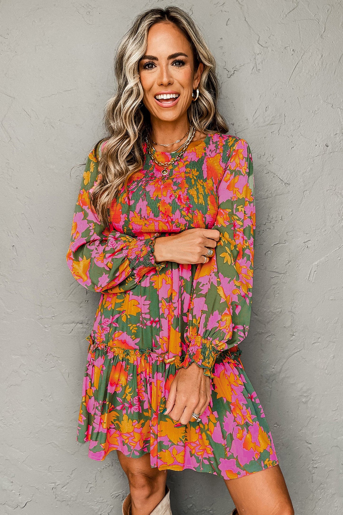 Floral Smocked Ruffle Hem Long Sleeve Mini Dress