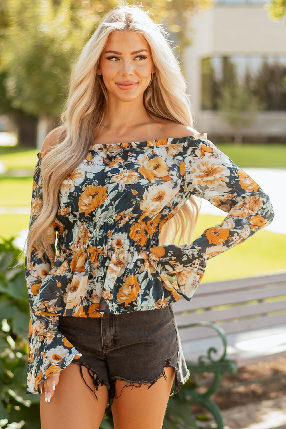 Floral Off Shoulder Bell Sleeve Peplum Top