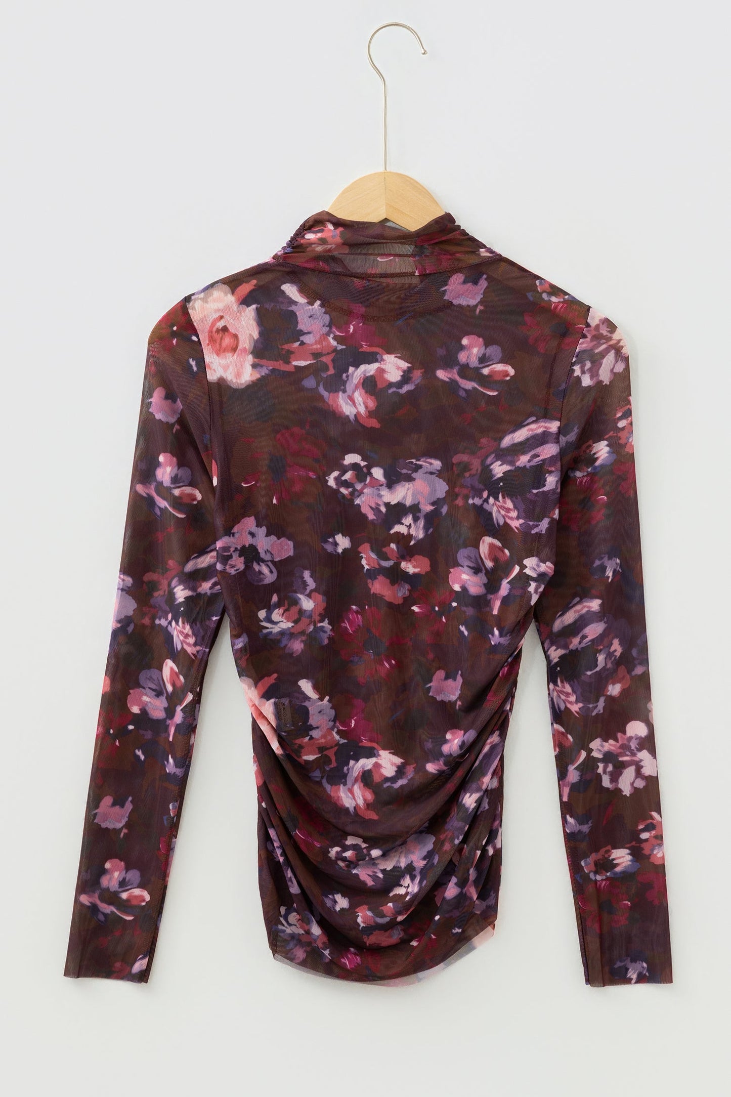 Floral Mesh Turtleneck Long Sleeve Ruched Top