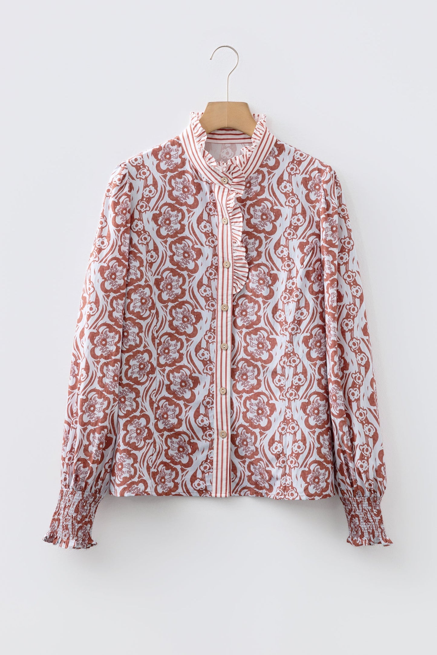 Floral Stripe Frilled Trim Long Sleeve Shirt