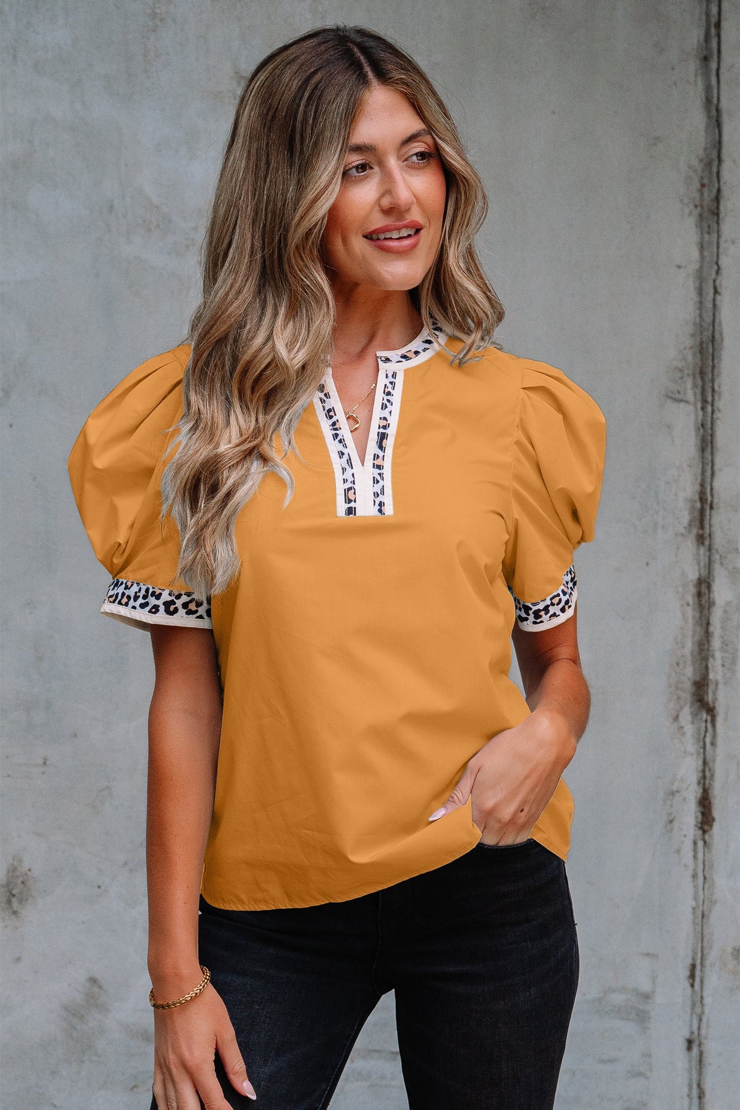 Leopard Contrast Trim Split Neck Puff Sleeve Blouse
