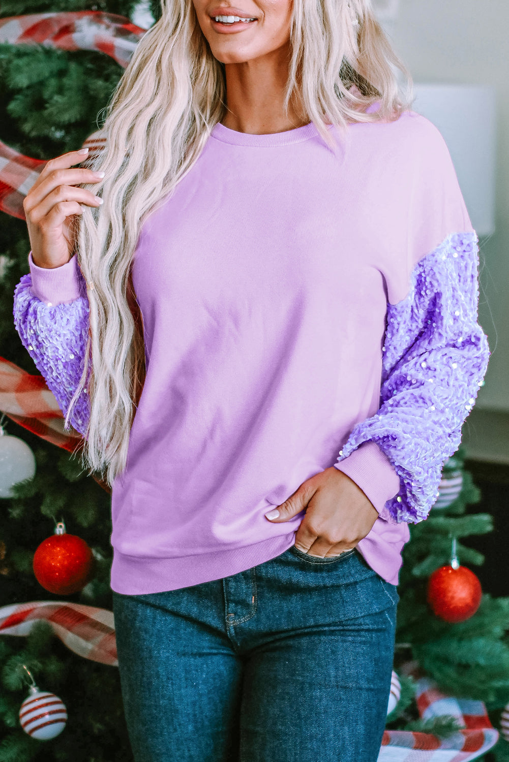 Solid Sequin Patchwork Long Sleeve Top