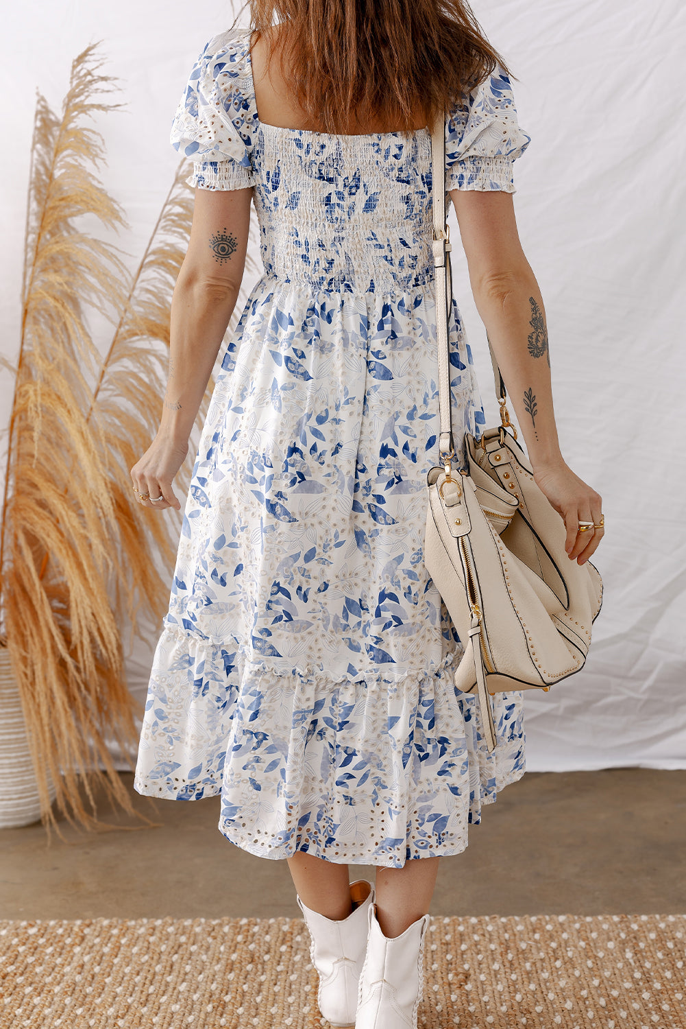 Floral Smocked Puff Sleeve Tiered Midi Dress