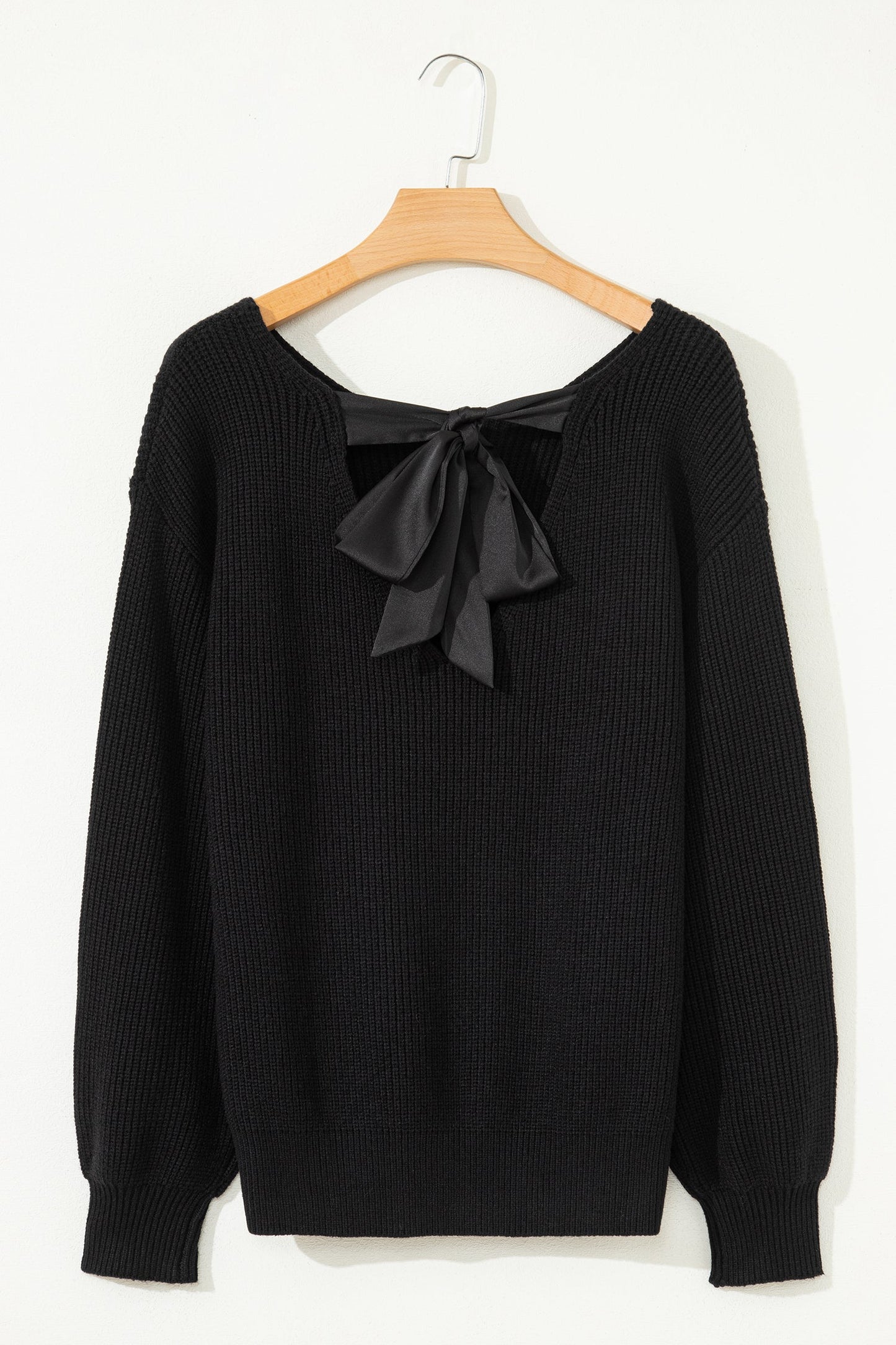 Ribbon Knot Backless Drop Shoulder Ribbed Sweater