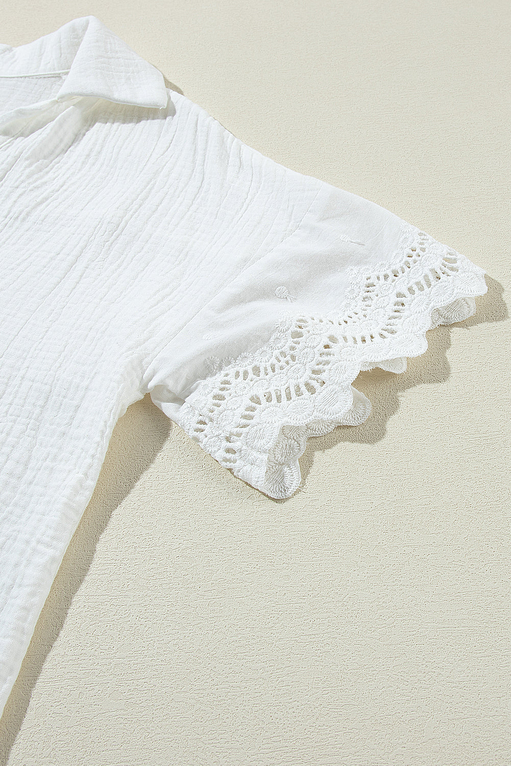 Lace Crinkled Sleeve Collar V-Neck Blouse