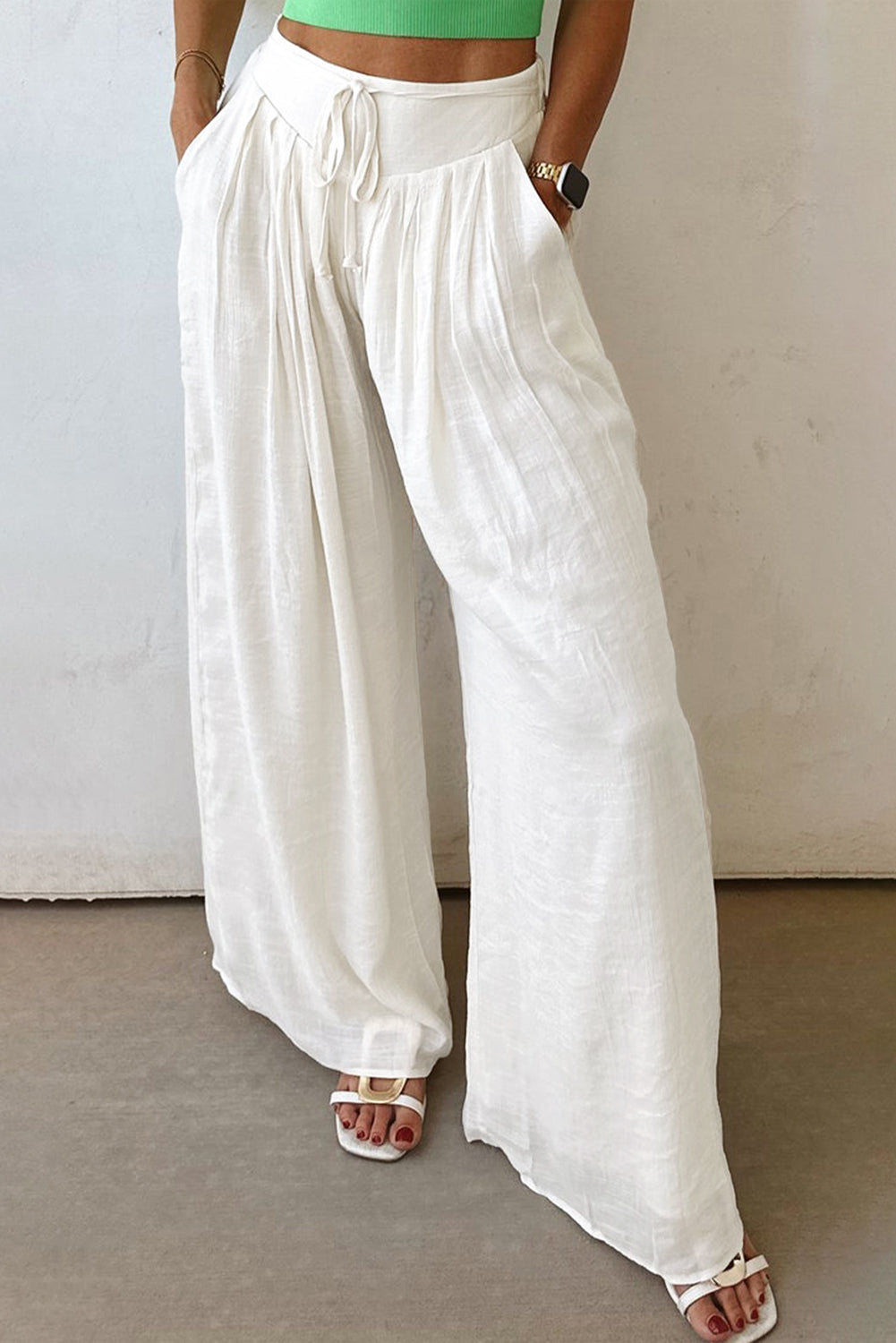 Drop Waist Pleated Wide Leg Casual Pants