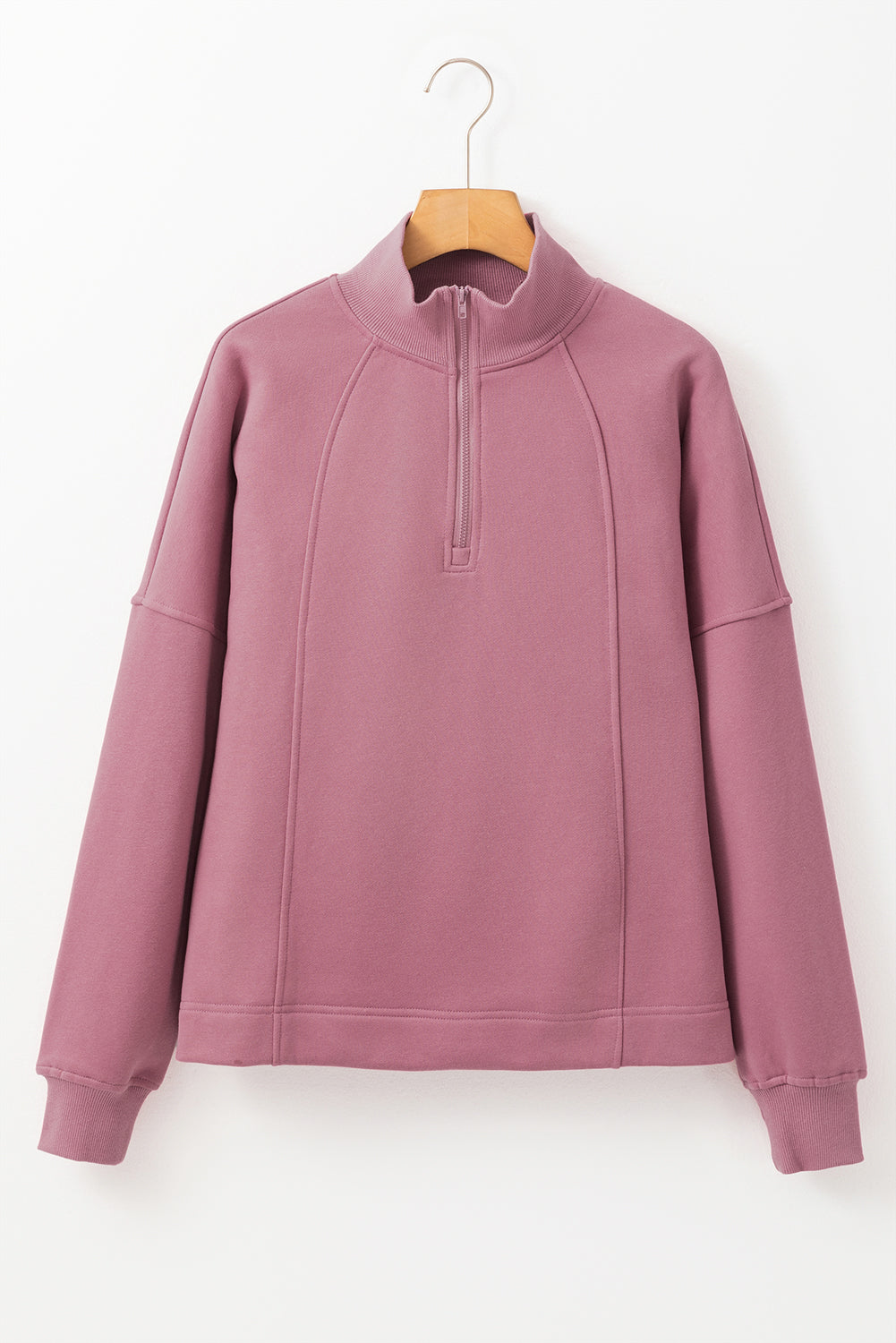 Solid Zipped Neck Drop Shoulder Sweatshirt