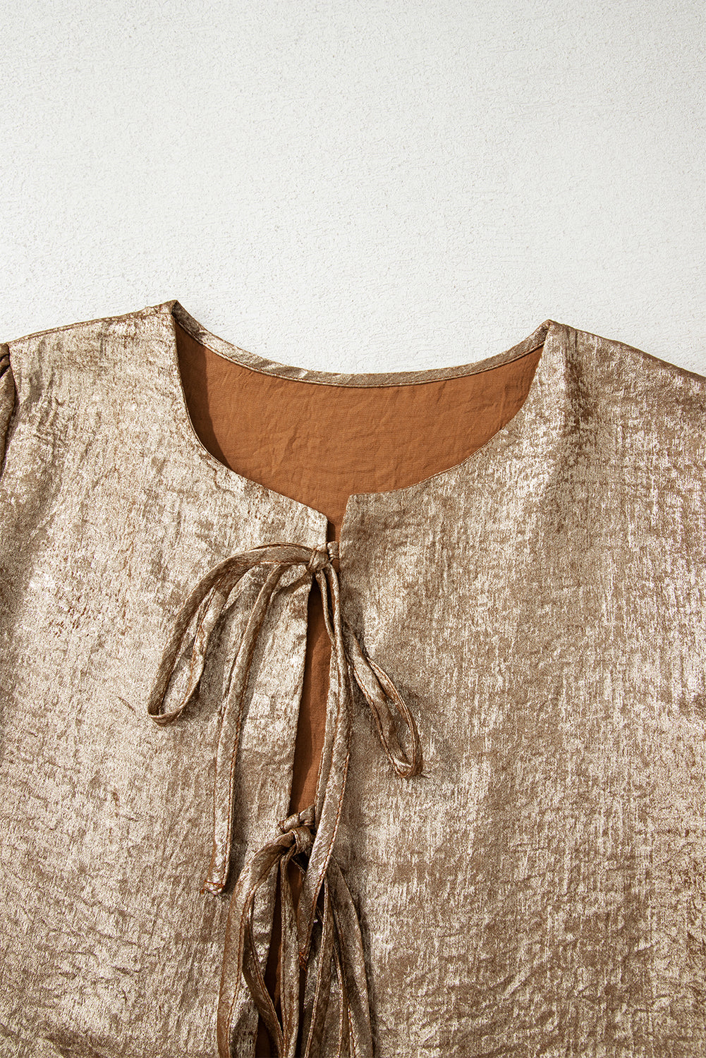 Metallic Tied Front Long Sleeve Babydoll Blouse