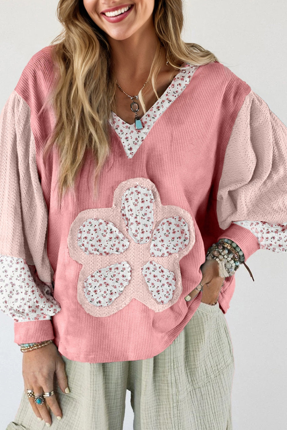 Floral Patchwork Waffle Textured V-Neck Hooded Top