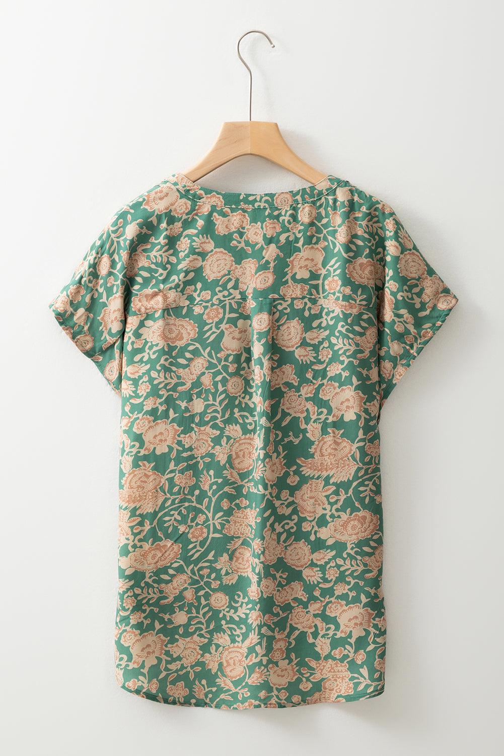 Floral Pleated Button V-Neck Short Sleeve Blouse