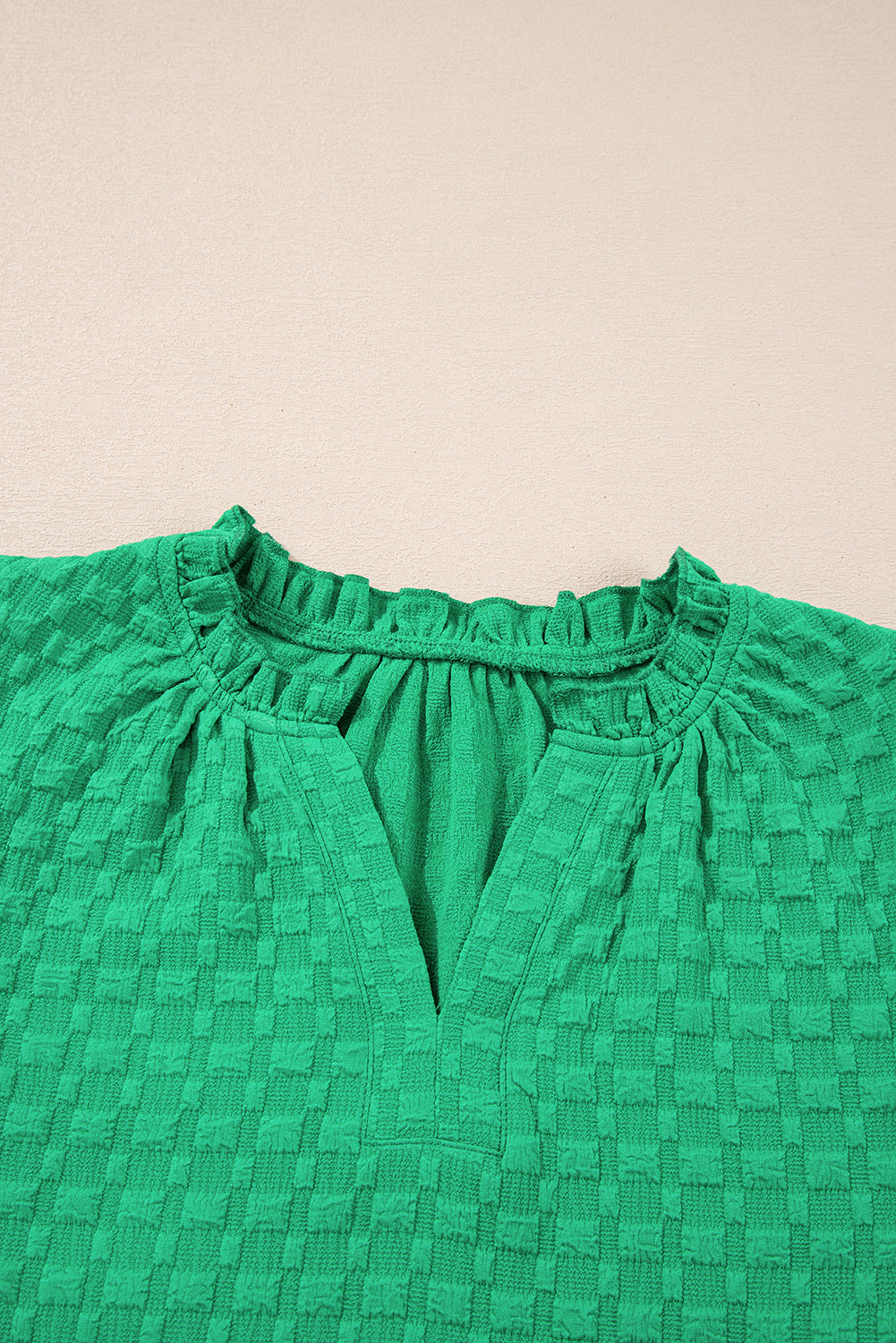 Textured Puff Short Sleeve Notch V-Neck Top