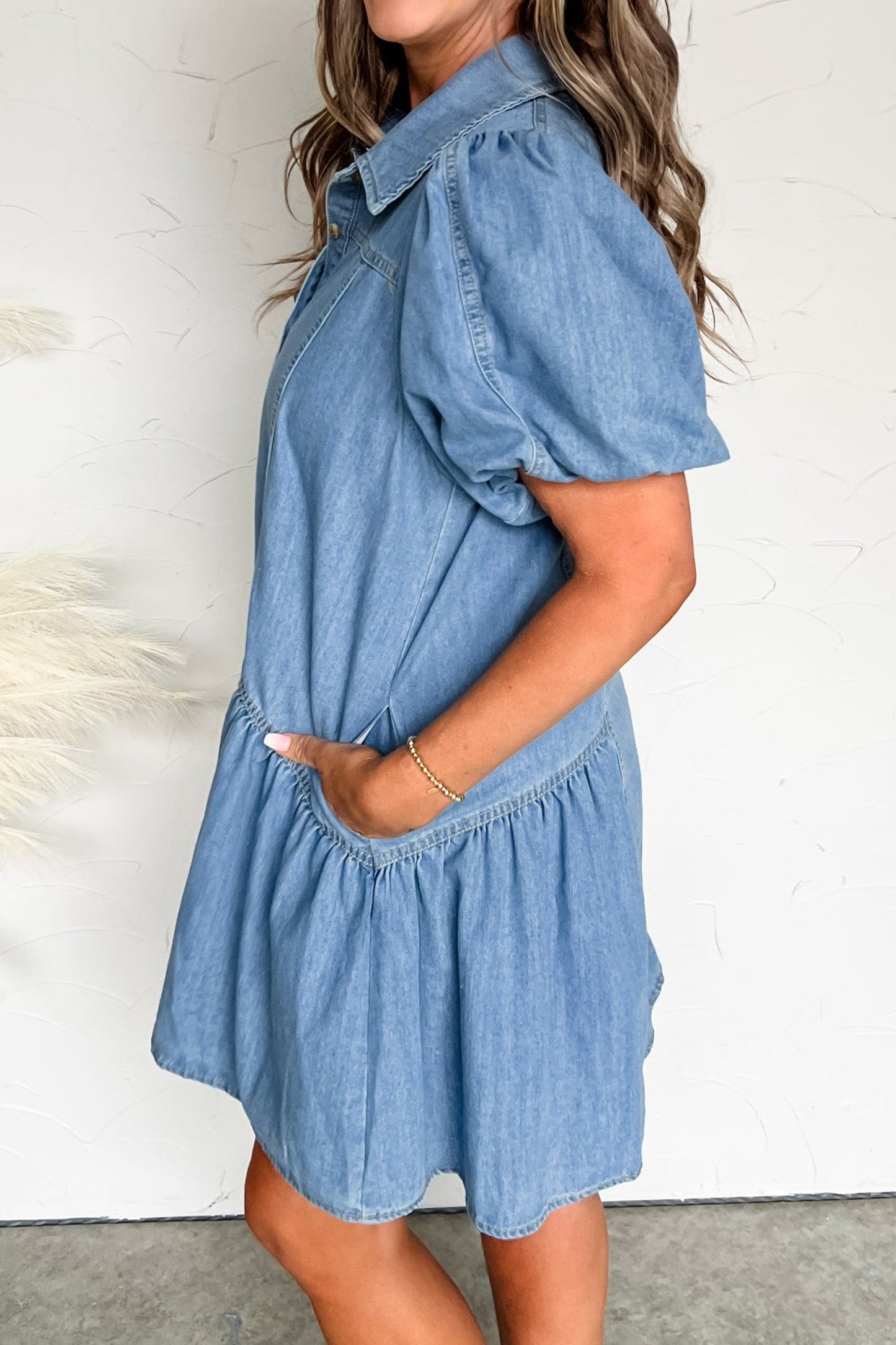Button-Down Short Puff Sleeve Ruffle Hem Denim Dress