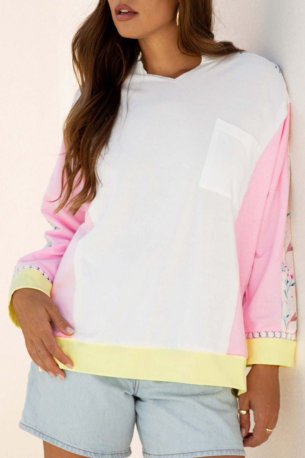 Floral Colorblock Patchwork Chest Pocket Long Sleeve Top