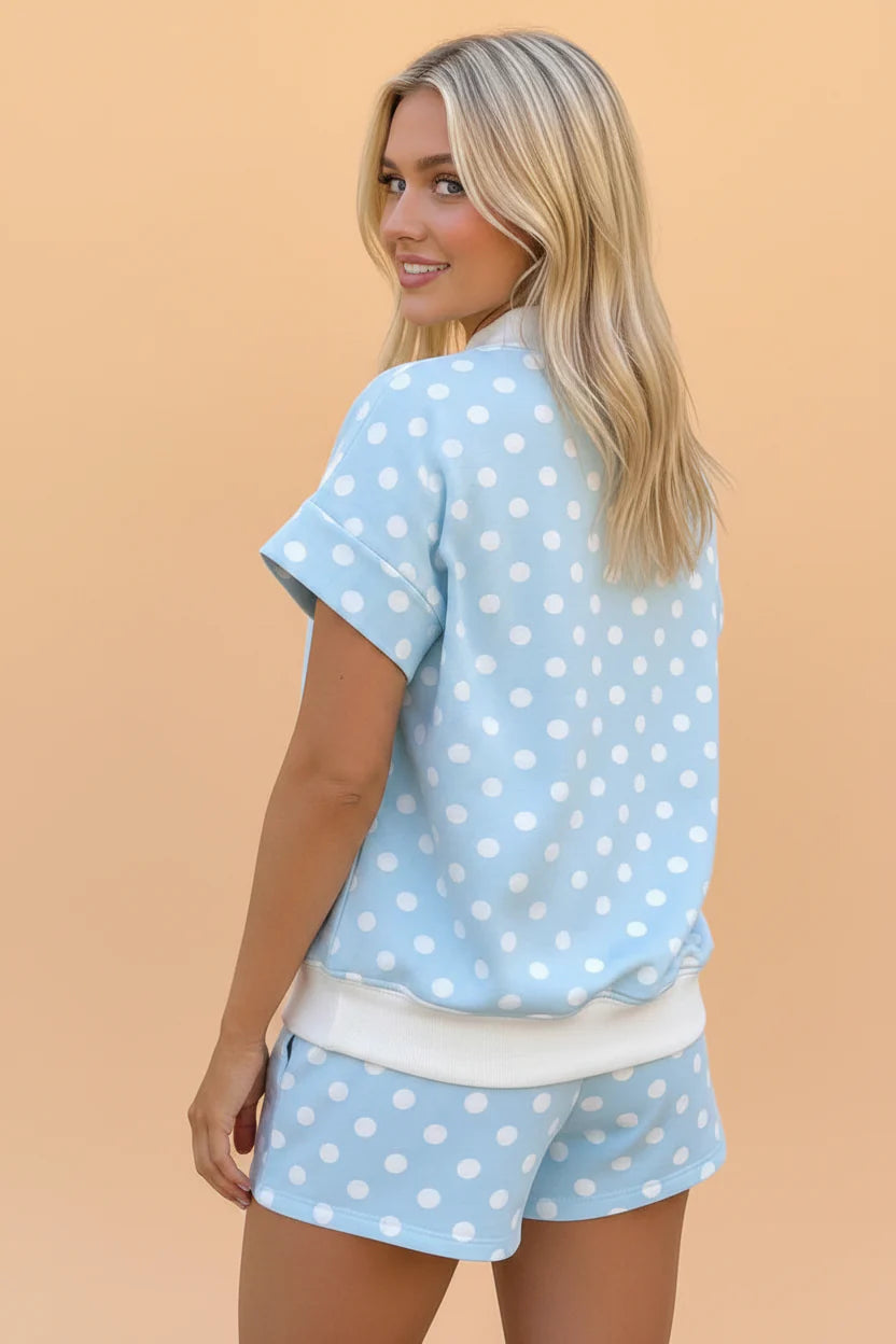 Polka Dot Colorblock Mock Neck & Shorts Set