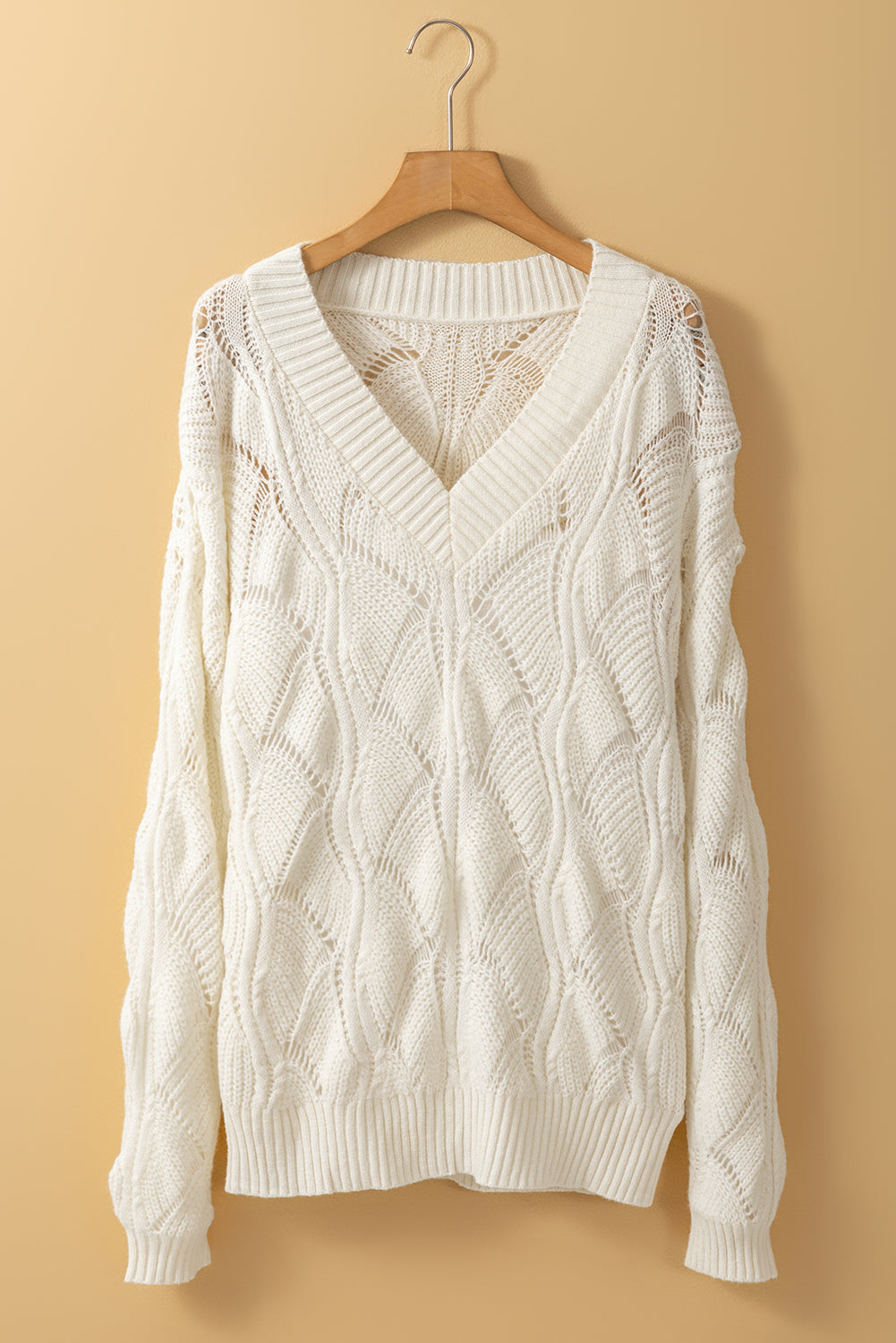 Hollow-Out Knit V-Neck Drop Shoulder Sweater