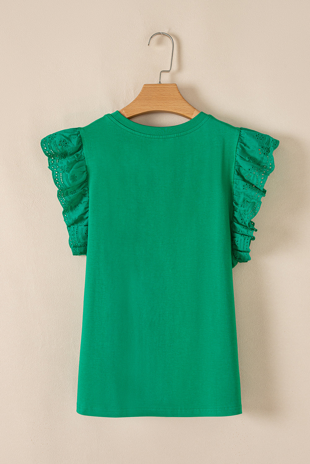 Eyelet Embroidered Ruffle Sleeve Crew Neck Top