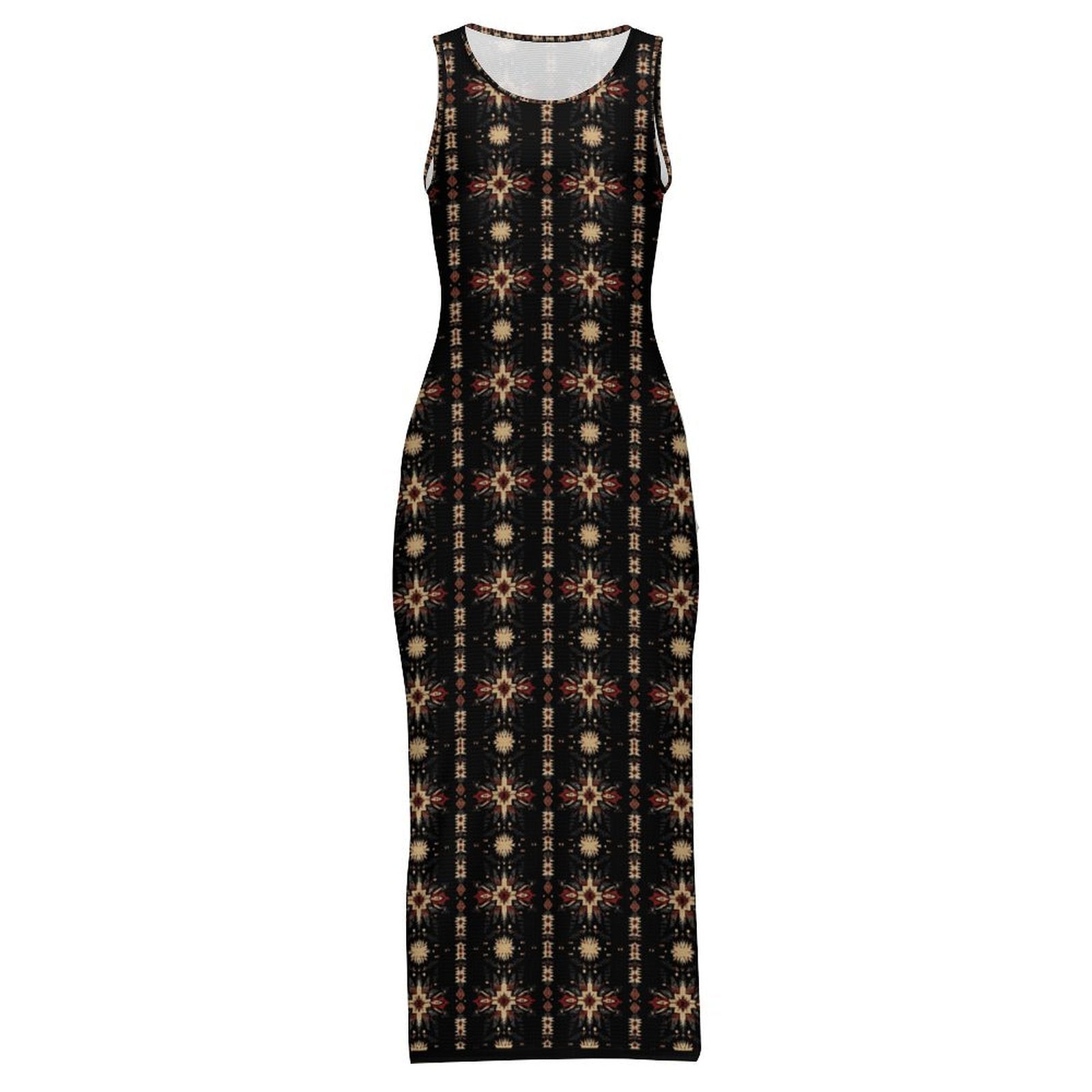 Black and Tan Aztec Sleeveless Bodycon Side Slit Maxi Dress Multi / 3XL Black and Tan Aztec Sleeveless Bodycon Side Slit Maxi Dress Multi / 3XL