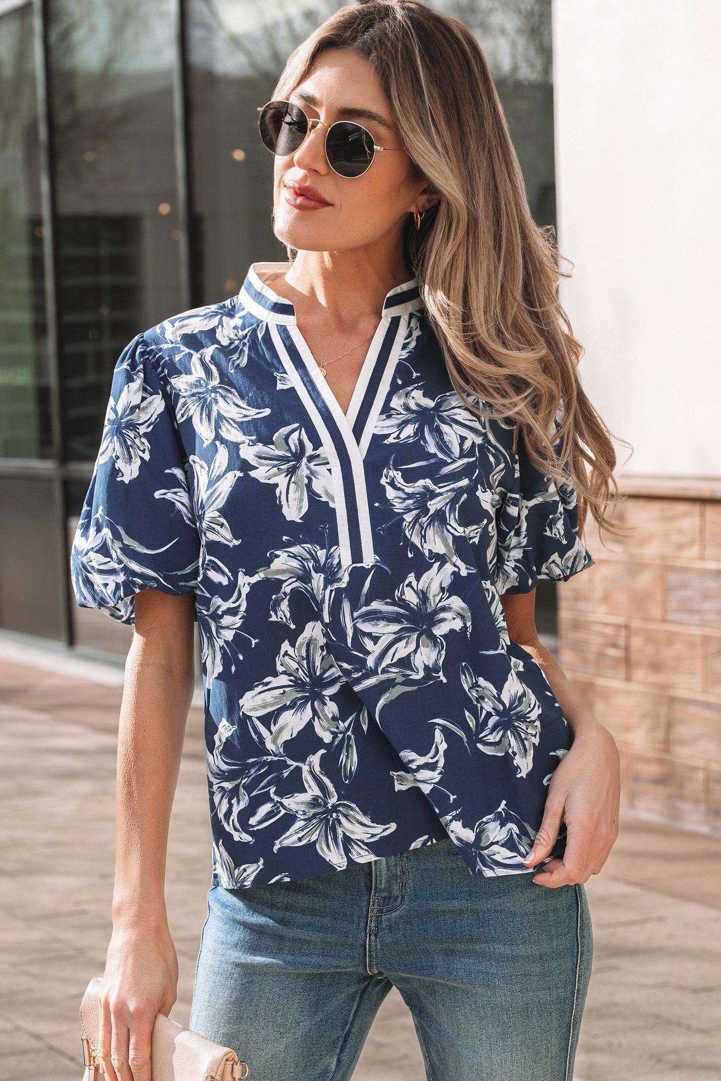 Floral Stripe Trim Puff Sleeve V-Neck Blouse