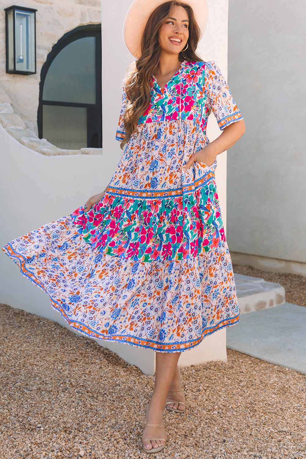 Floral Tie Split Neck Short Sleeve Dress