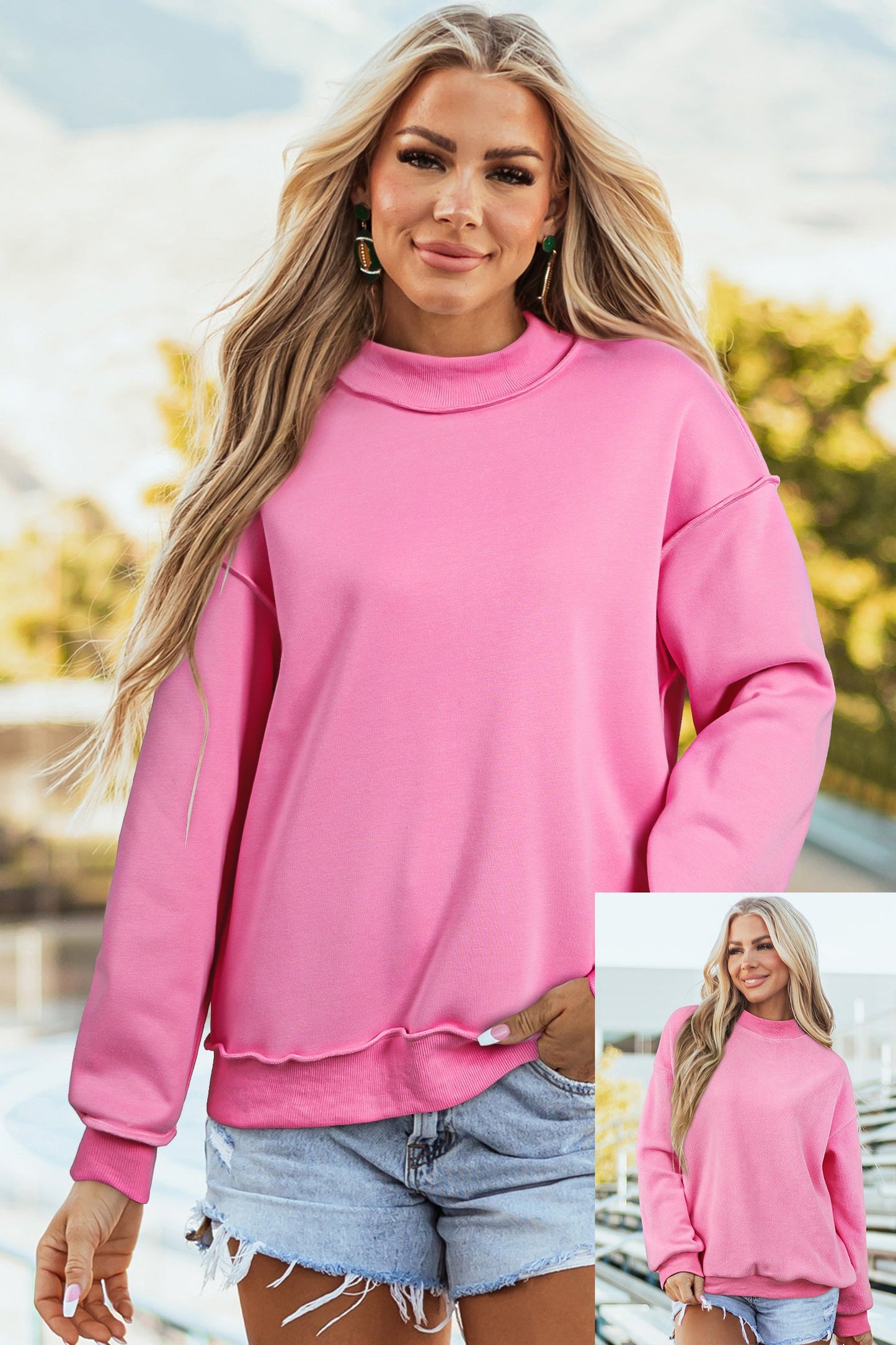Solid Mock Neck Drop Shoulder Oversize Sweatshirt