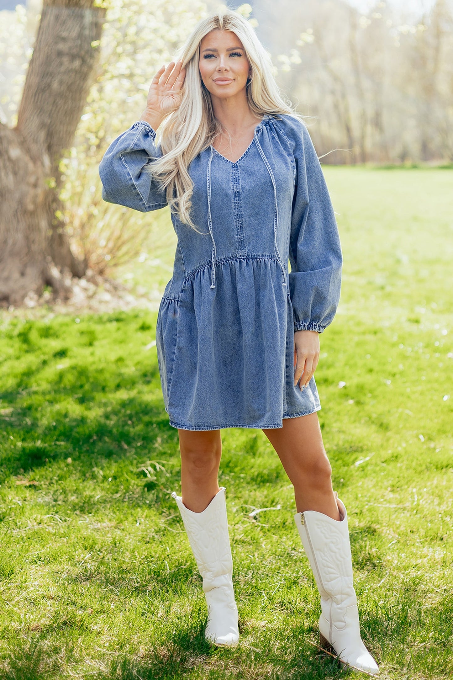 Denim Puff Sleeve Tie V-Neck Ruffle Dress