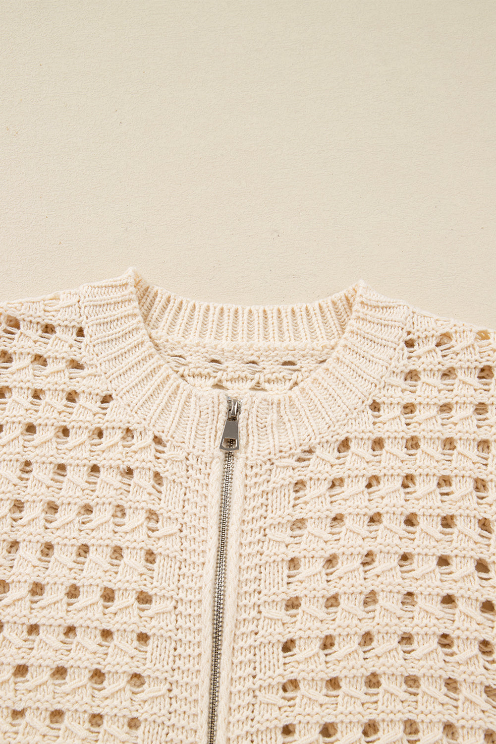Zip Up Hollowed Pattern Knit Sweater