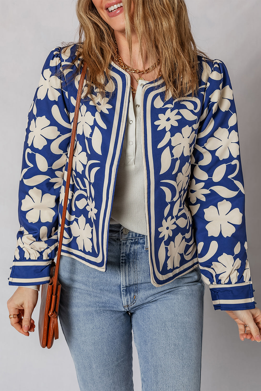 Floral Open Front Buttoned Cuff Jacket