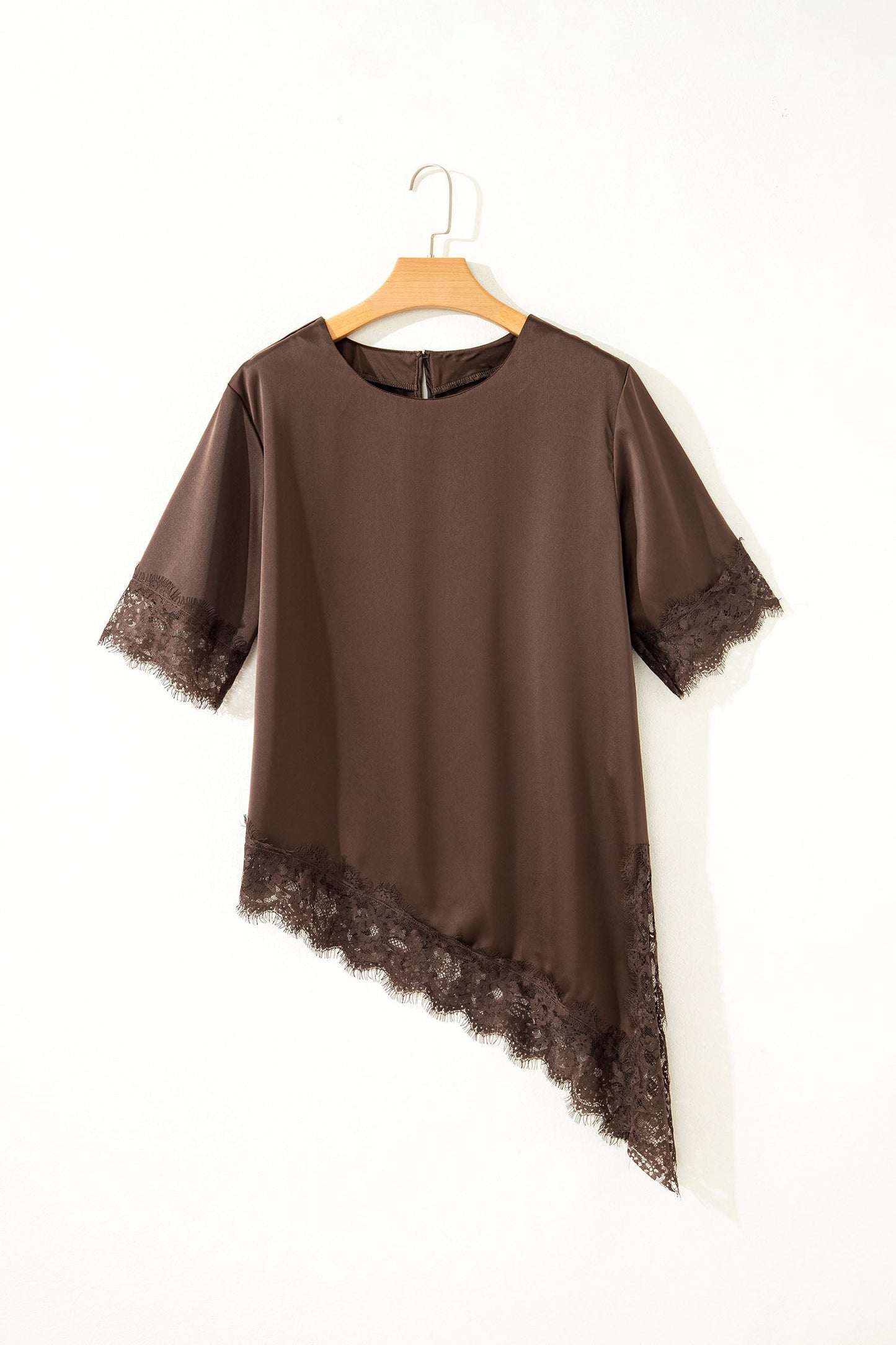 Asymmetric Lace Trim Satin Short Sleeve Top