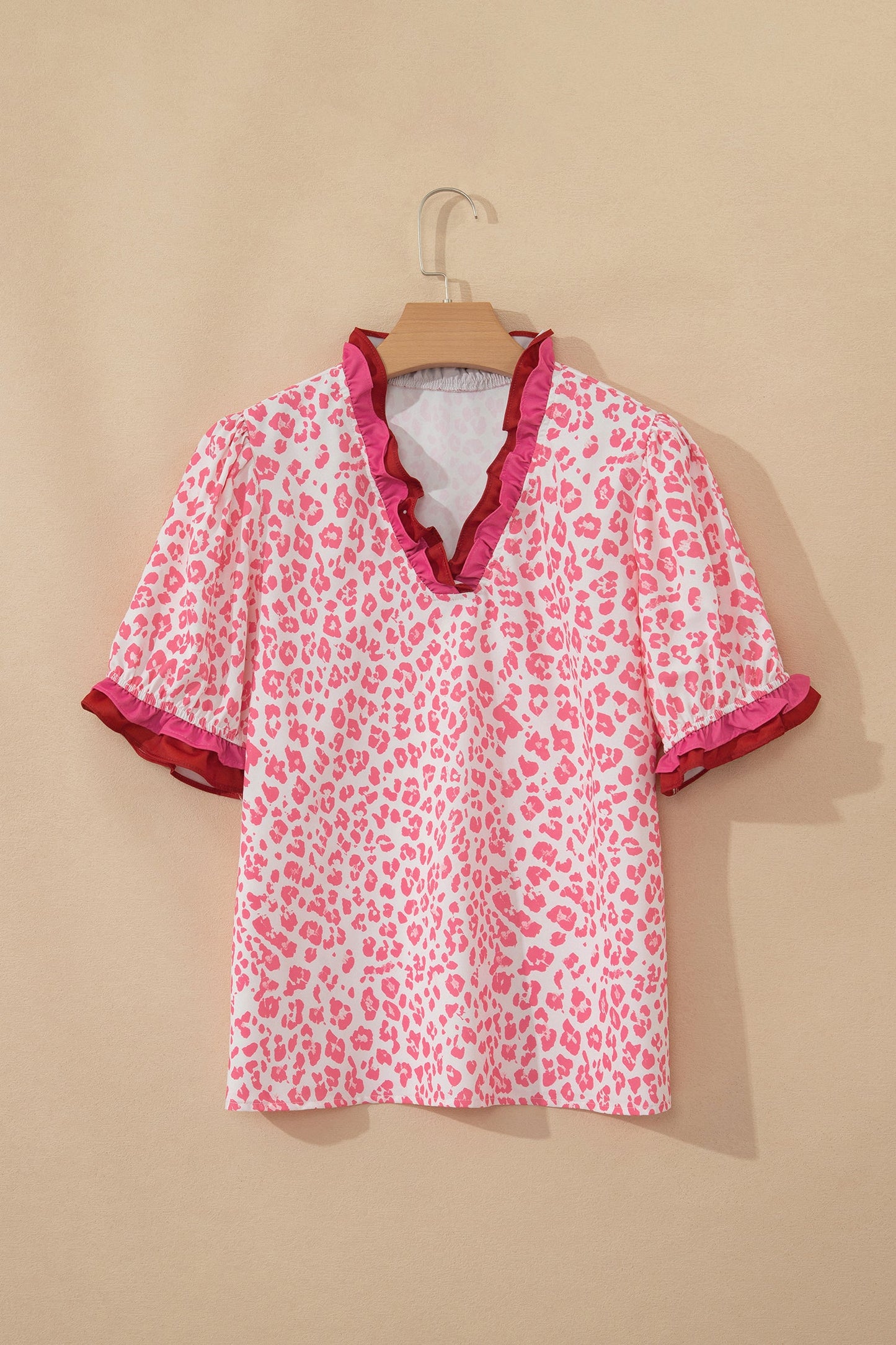 Leopard Ruffle Trim V-Neck Short Sleeve Blouse