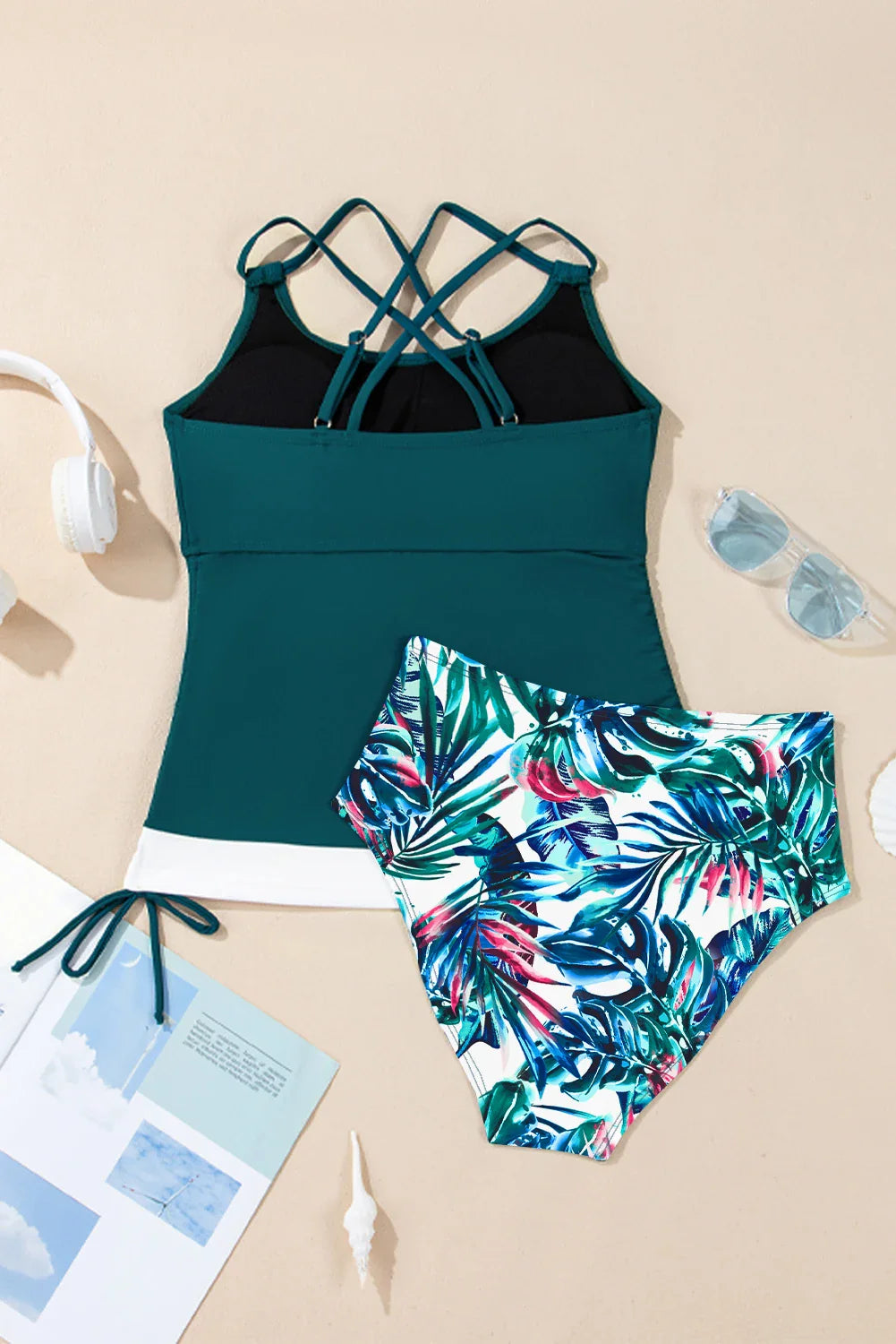 Color Block Tankini Top & Floral Swim Shorts