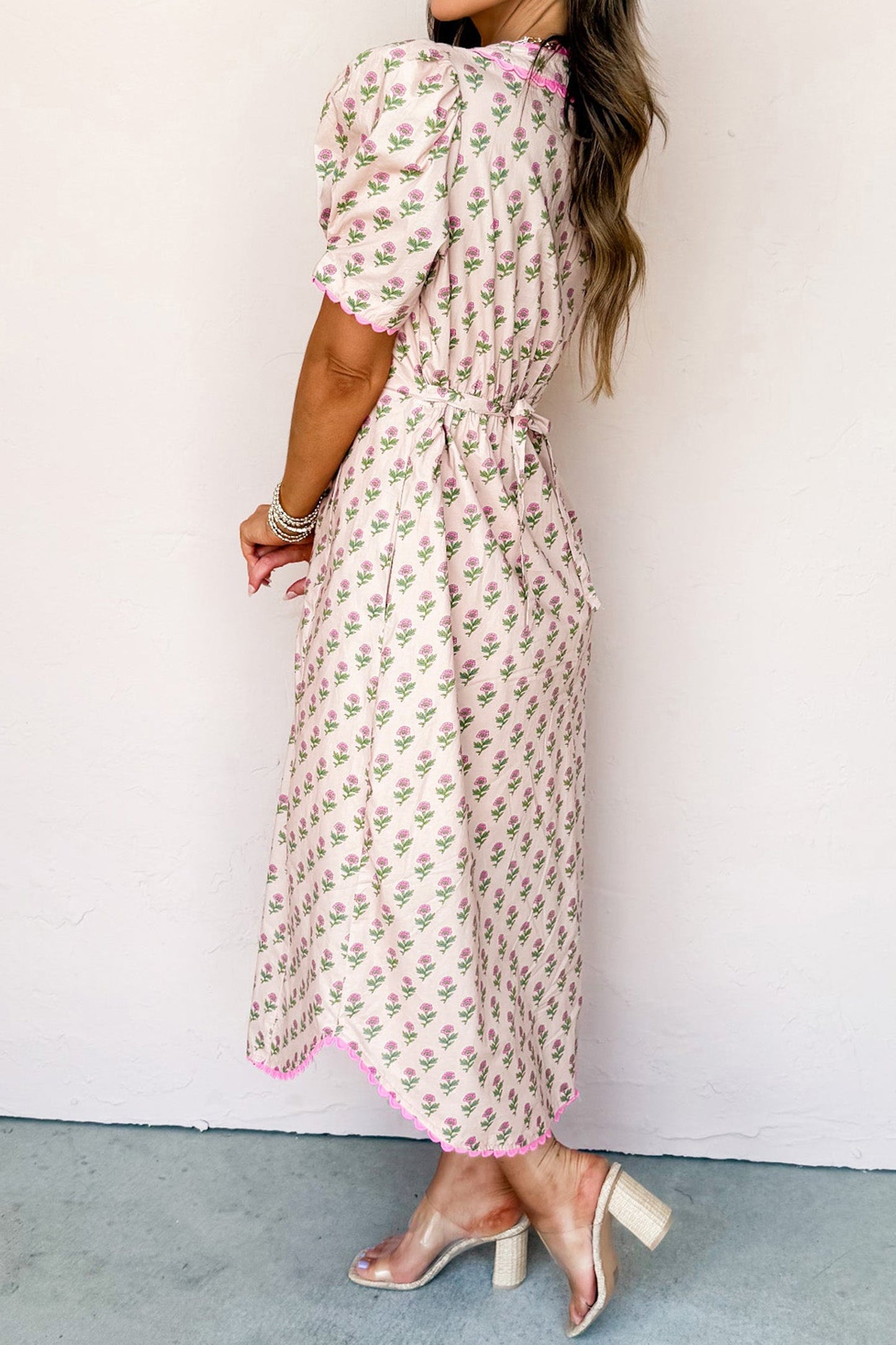 Floral V-Neck Scallop-Trim Button-Front Long Dress