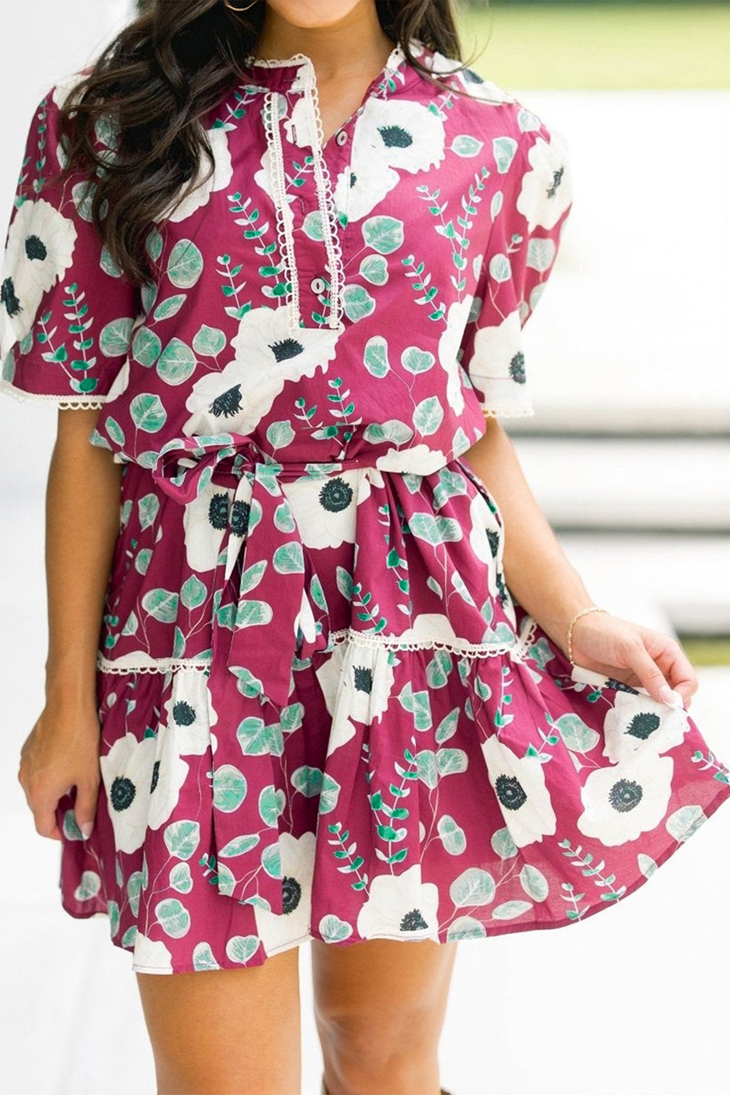 Floral Trim Short Puff-Sleeve Mini Dress with Belt