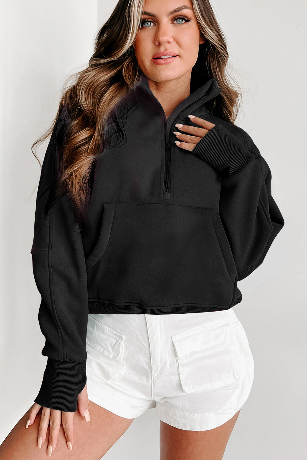 Solid Fleece-Lined Half-Zip Up Collar Sweatshirt