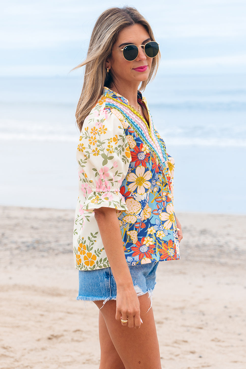 Floral Boho Crochet V-Neck Half Sleeve Blouse